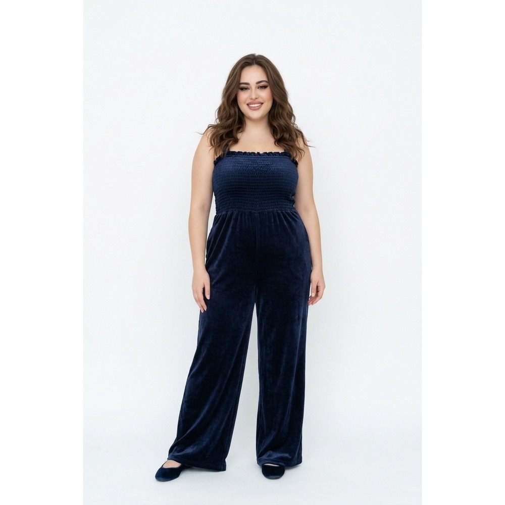 Juicy by Juicy Couture Navy Blue Velour Smocked Wide Leg Jumpsuit Womens 3X
